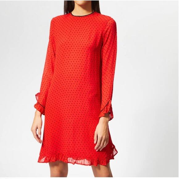 GANNI Mullin Georgette Red Polka Dot Long Sleeve Ruffle Hem Mini Dress Sz 2 - Picture 1 of 16